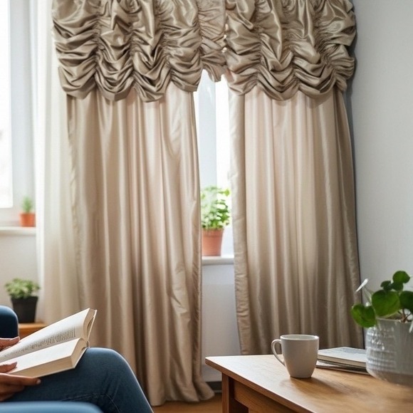 4 Panel Elegant Ruched Tafeta Window Valance Drapes Beige Satin Sheen